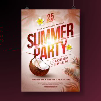 Vector Summer Party Flyer Design with Flower, Coconut and Tropical Palm Trees on Shiny Sunset Background. Summer Holiday Illustration with Exotic Plants