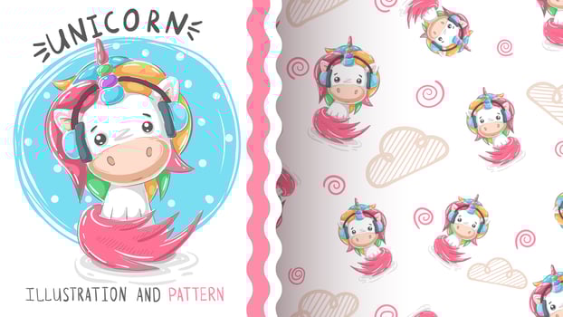 Cute teddy music unicorn - seamless pattern vector