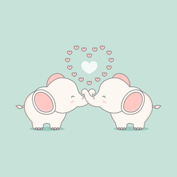 Cute pink elephant in love with hearts. Valentines day card. vector