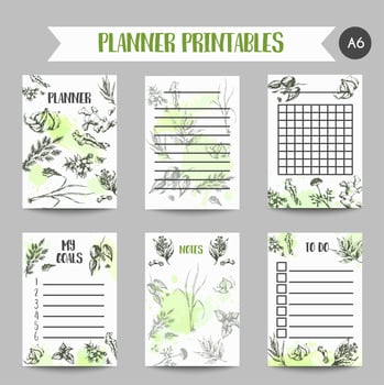 Herbs and spices culinary book. Herb, plant, spice hand drawn notes design. Food planner, recepies Organic garden herbs engraving. Cookbook with Botanical sketches vector