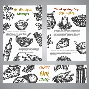 Thanksgiving day broshure collection of hand drawn illustration with autumn elements, food Vintage retro style vector