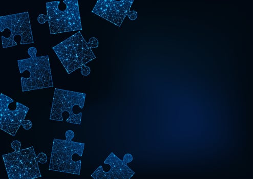 Futuristic glow low poly jigsaw puzzle pieces abstract background with space for text on dark blue. vector