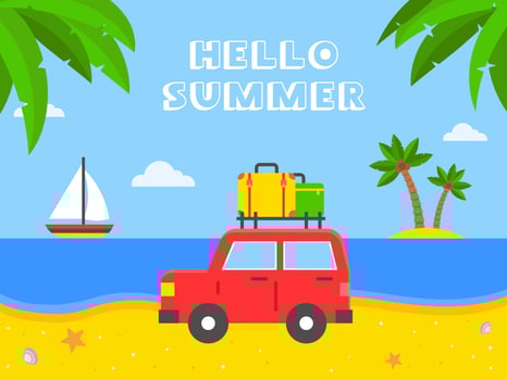 Hello Summer, Car with luggage on the beach vector