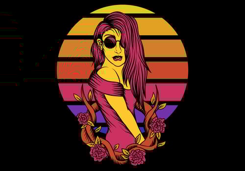 Woman flower sunset Retro vector illustration