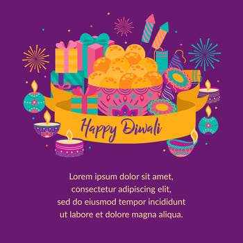 Happy diwali. Festival of light, greeting card. Diwali colorful posters with main symbols. Deepavali light and fire festival. Indian deepavali hindu festival of lights. Vector illustration.