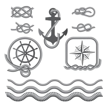 Marine symbols - a compass, an anchor, a rope knot, a rope. vector