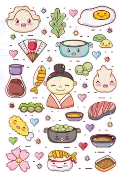 Japanese gastronomy cute kawaii cartoons vector