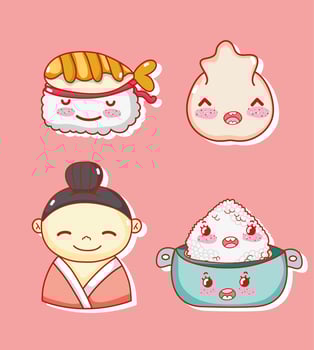 Japanese gastronomy cute kawaii cartoons vector