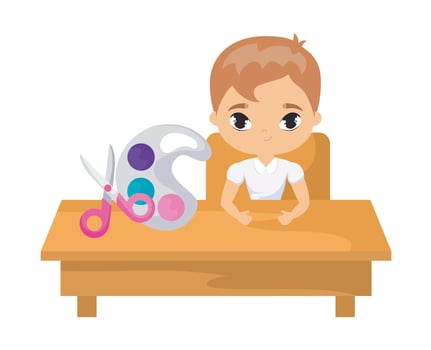 student boy sitting in school desk with supplies education vector