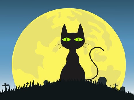 Halloween background with  silhouette black cat in graveyard  vector