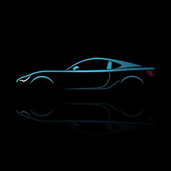 Blue sport car silhouette with reflection on black background. vector