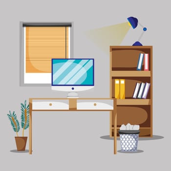 office with desk and accessories flat to work vector
