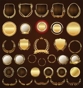 Golden badges labels laurels and ribbons collection vector