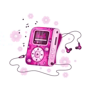 Player for listening to music with bright pink floral design and headphones. Stylish musical accessories for young people. Vector illustration.