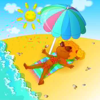 A girl in a bathing suit sunbathes over the beach under a beach umbrella. vector