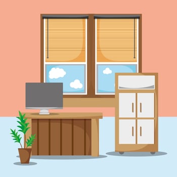 office flat with desk and work accessories vector