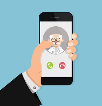 Hand holding smartphone with old doctor on call  vector