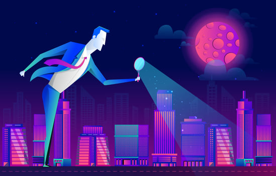 Businessman looking at the city through a magnifying glass. vector