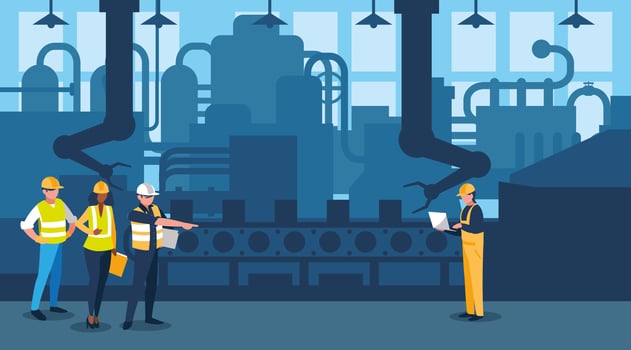 team work people in factory scene vector