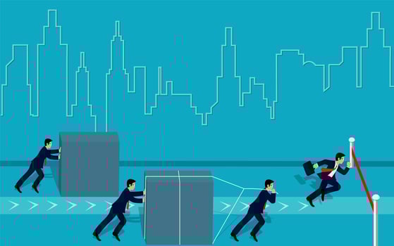Businessman compettion push the obstacle and run go to the finish line to goal to achieve success on blue background. leadership. creativity idea. Business advantage concept. Vector Illustration