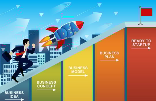 Businessmen and rocket competition up the slope on bar graph.  vector