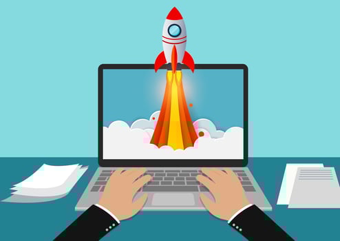 Modern laptop typing with rocket ejecting from screen vector