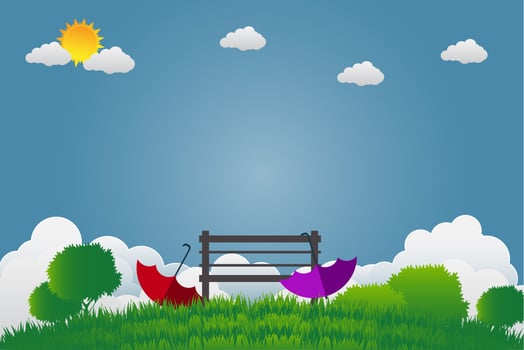 Two umbrellas and chair in a green garden vector