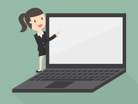 business woman pointing to laptop display vector