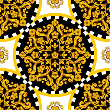 Golden ornamemtal round mandala with checkered border vector