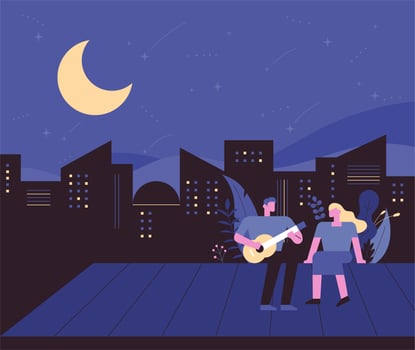 City night with a man playing guitar to his girlfriend on the roof vector
