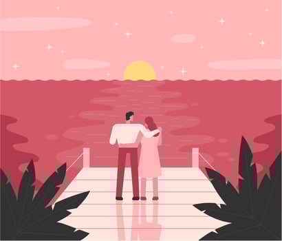 Romantic couple standing by the sea at sunset vector