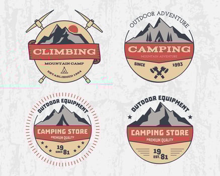 Set of retro color outdoor mountain, climbing, hiking badges vector