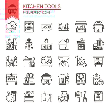 Set of Black and White Thin Line Kitchen Tools  vector