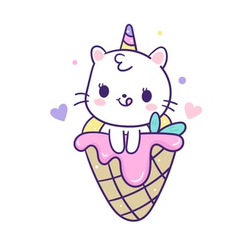 Cute cat unicorn cartoon with icecream  vector