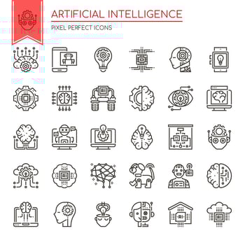 Set of Black and White Thin Line Artificial Intelligence Icons  vector