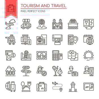 Set of Black and White Thin Line Tourism and Travel Icons  vector