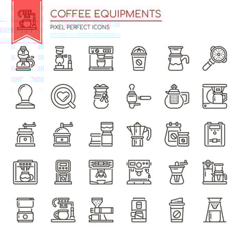 Set of Black and White Thin Line Coffee Equipment Icons  vector