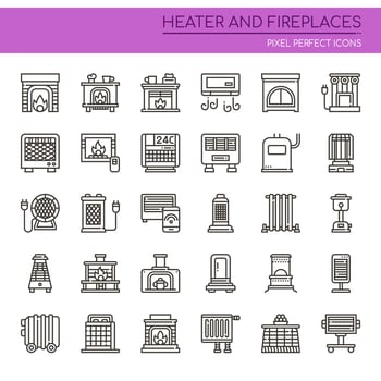 Set of Black and White Thin Line Heater and Fireplaces Icons  vector