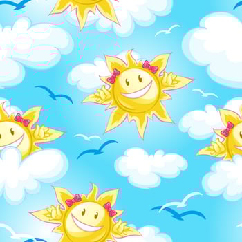 Seamless summer pattern with sun on blue sky vector
