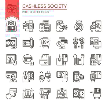 Set of Black and White Thin Line Cashless Society Icons  vector