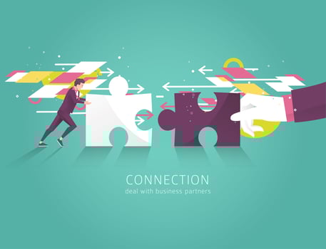 Business man and large hand joining puzzle pieces vector