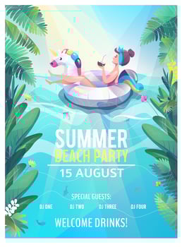 Summer beach party poster with woman in unicorn float vector