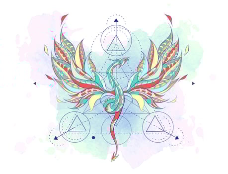 Patterned flying dragon surrounded by geometry elements vector