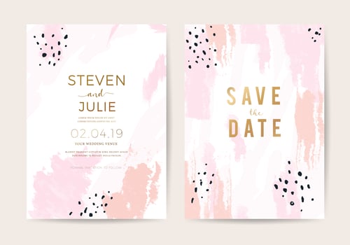 Minimal wedding invitation card design template with pink and rose gold brush texture vector