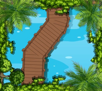 Top view of bridge walkway and pond vector