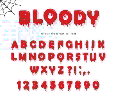 Halloween blood font. Abc bright red liquid letters and numbers. vector
