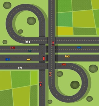 Aerial scene of traffic on roads through countryside  vector