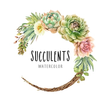 Watercolor cactus cacti and succulents on vine wreath. vector