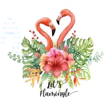 Watercolor Flamingos making Heart in Tropical Bouquet. vector