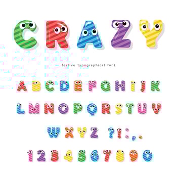 Funny kids font with eyes. Cartoon glossy colorful letters and numbers. vector